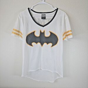 Batman Women's White Gold Metallic Mesh Jersey Short Sleeve Shirt XL